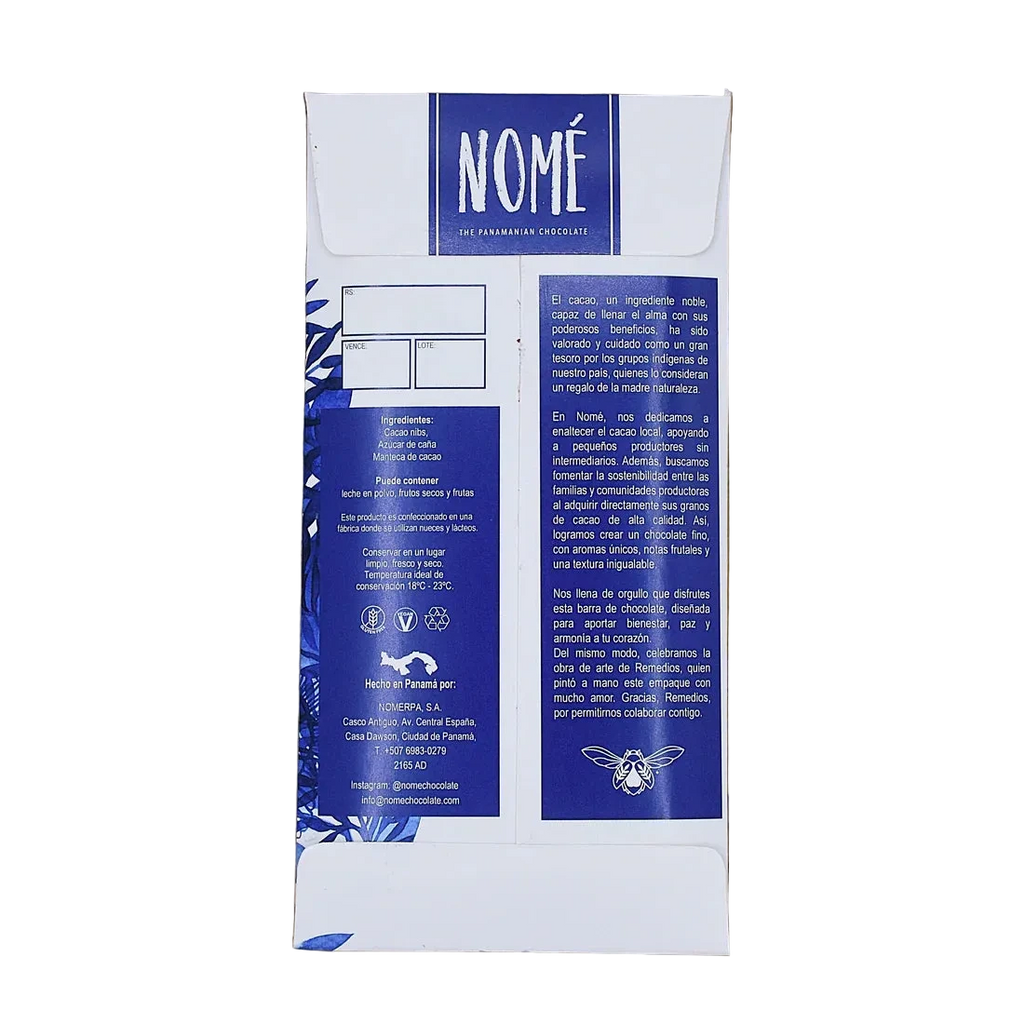 Back of the Nomé 73% chocolate packaging