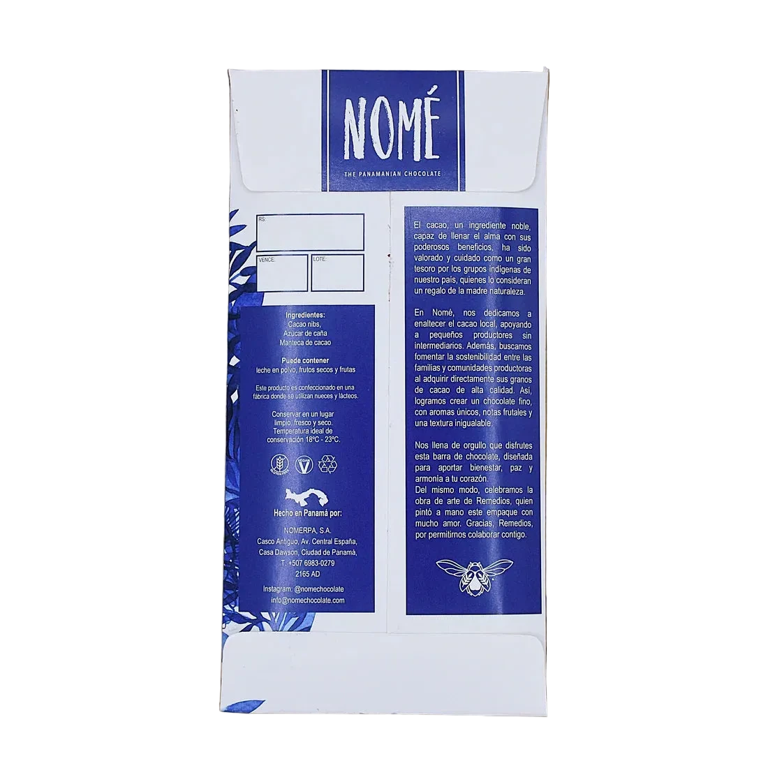 Back of the Nomé 73% chocolate packaging