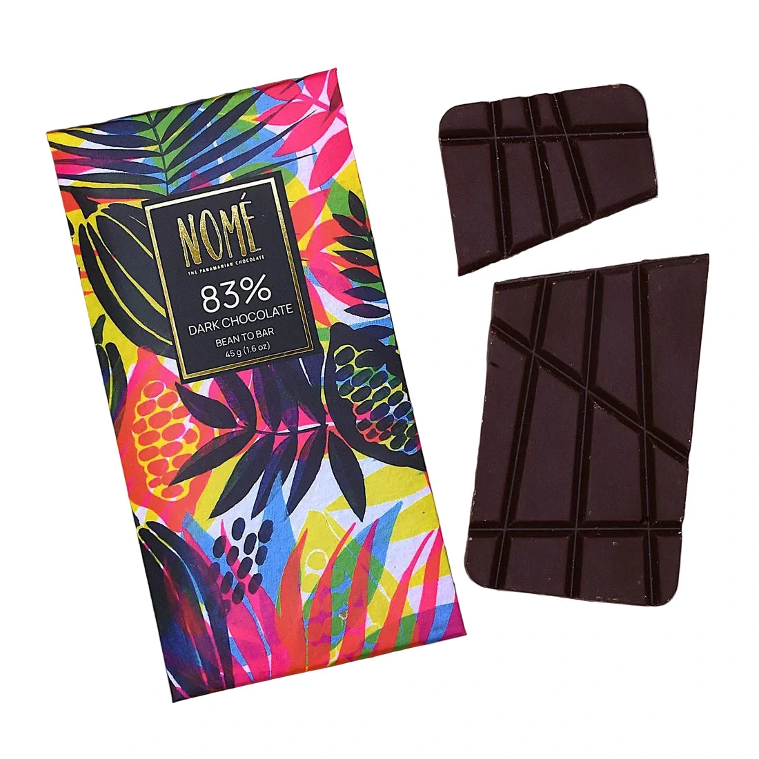 NOME 83% dark chocolate bar with colorful packaging on a wooden surface