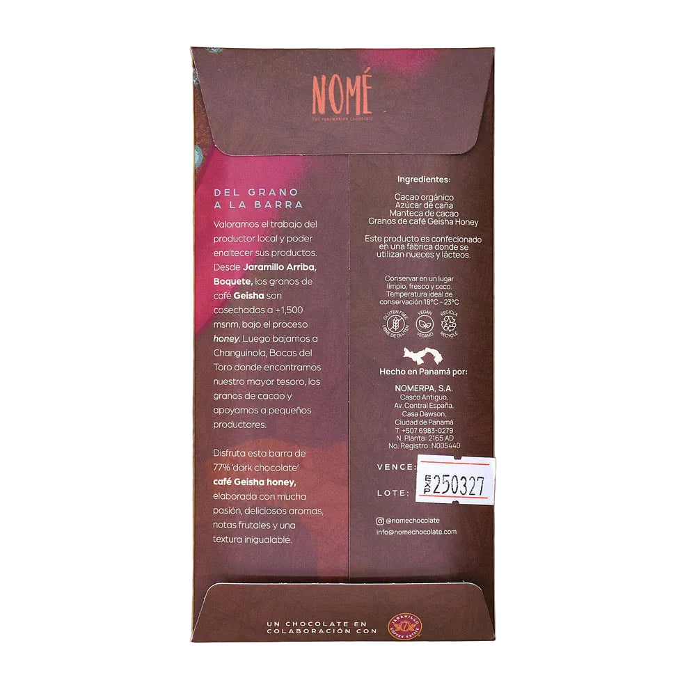 Nomé chocolate packaging with text on a wooden background