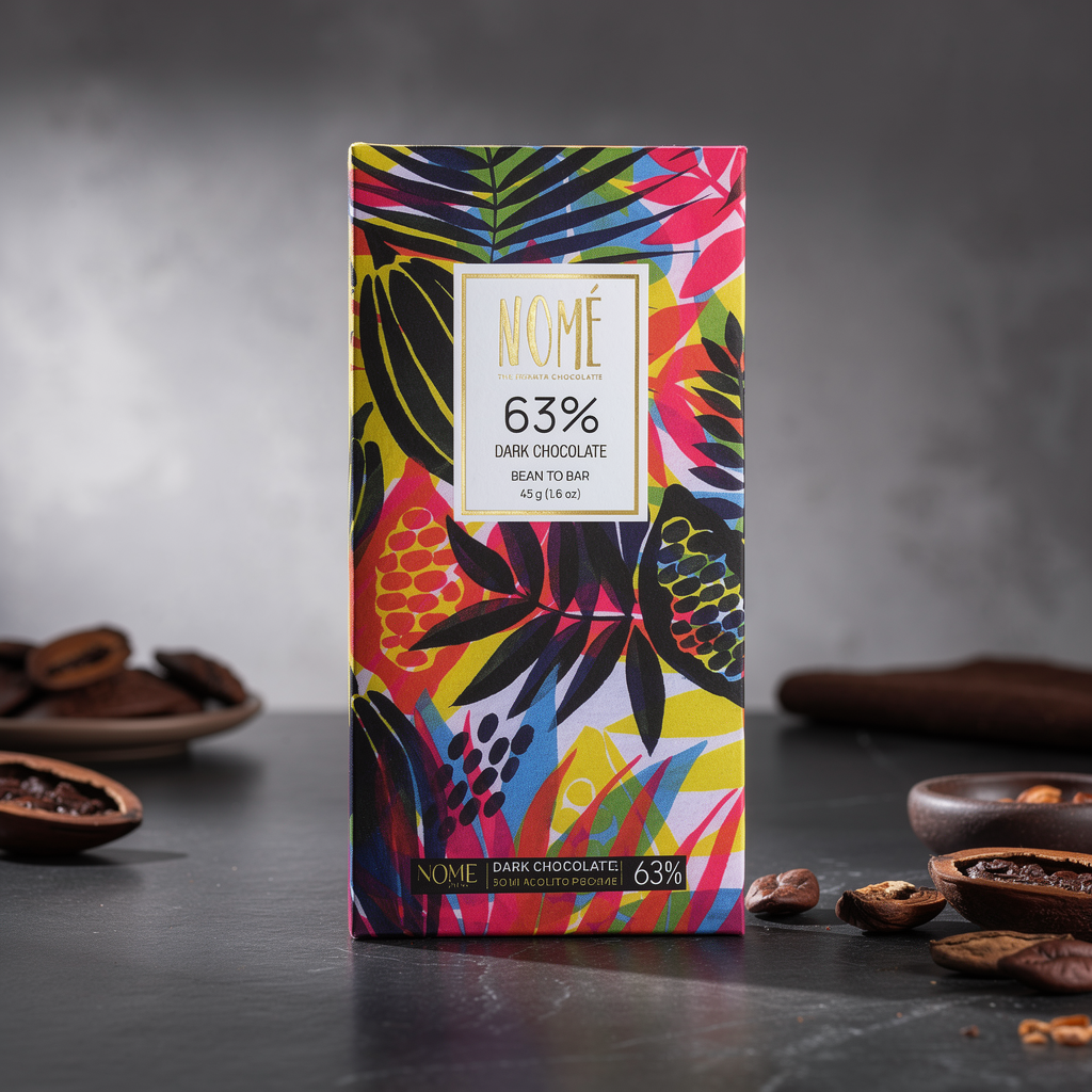 Colorful 63% chocolate bar packaging with 'NOME' branding on a dark surface.