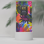 Nomé 83% Dark Chocolate bar packaging with vivid tropical botanical print on white background, NOMÉ gold logo, single-origin Panama, vegan, 45g
