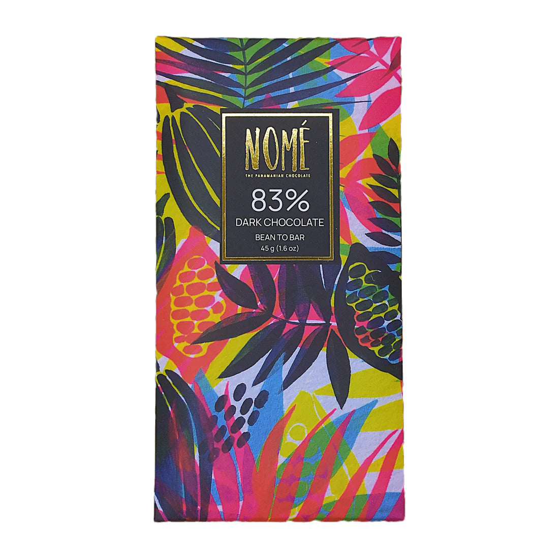 Nomé 83% Dark Chocolate bar packaging with vivid tropical botanical print, no background, NOMÉ gold logo, bean-to-bar Panama, 45g
