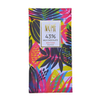 Nomé 43% Milk Chocolate bar packaging flat lay with vibrant tropical botanical print, gold NOMÉ label, single-origin Panama, gluten-free, bean-to-bar, 45g