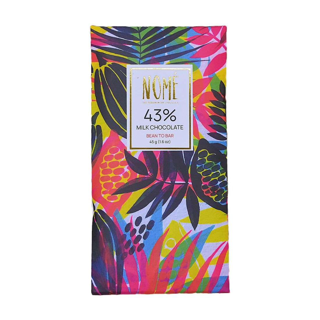 Nomé 43% Milk Chocolate bar packaging flat lay with vibrant tropical botanical print, gold NOMÉ label, single-origin Panama, gluten-free, bean-to-bar, 45g