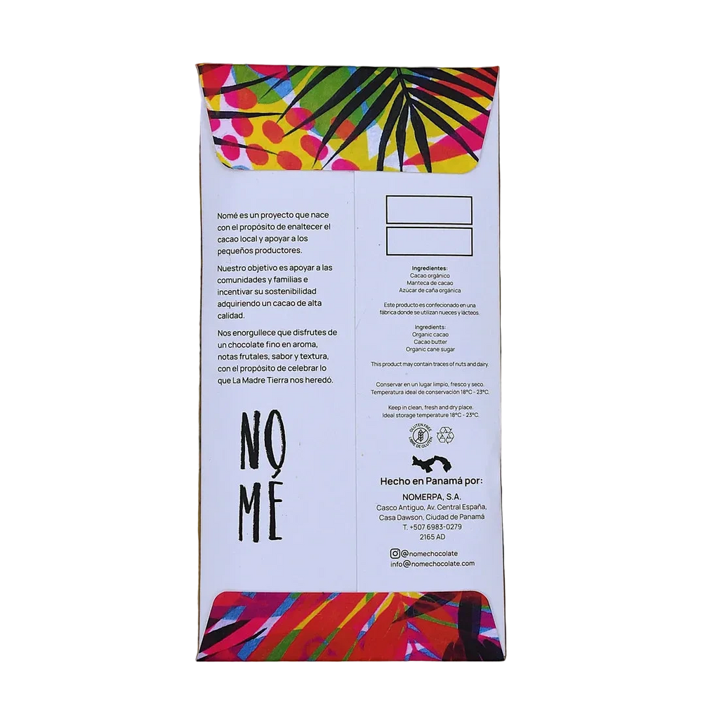 Back label of Nomé 43% Milk Chocolate bar with ingredients and tasting notes, single-origin Panama, gluten-free