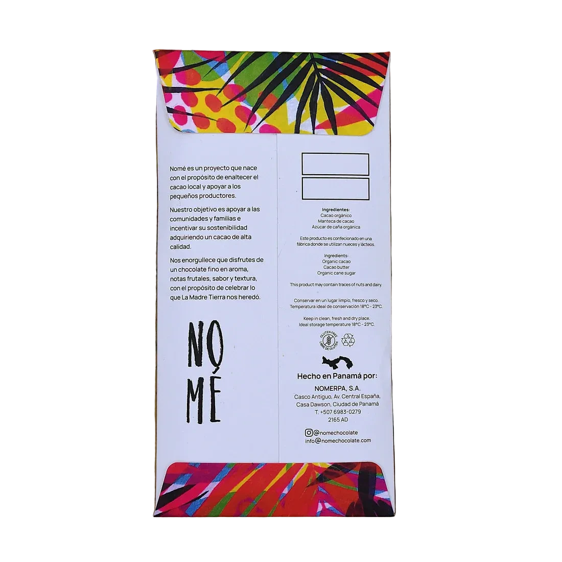 Back label of Nomé 43% Milk Chocolate bar with ingredients and tasting notes, single-origin Panama, gluten-free
