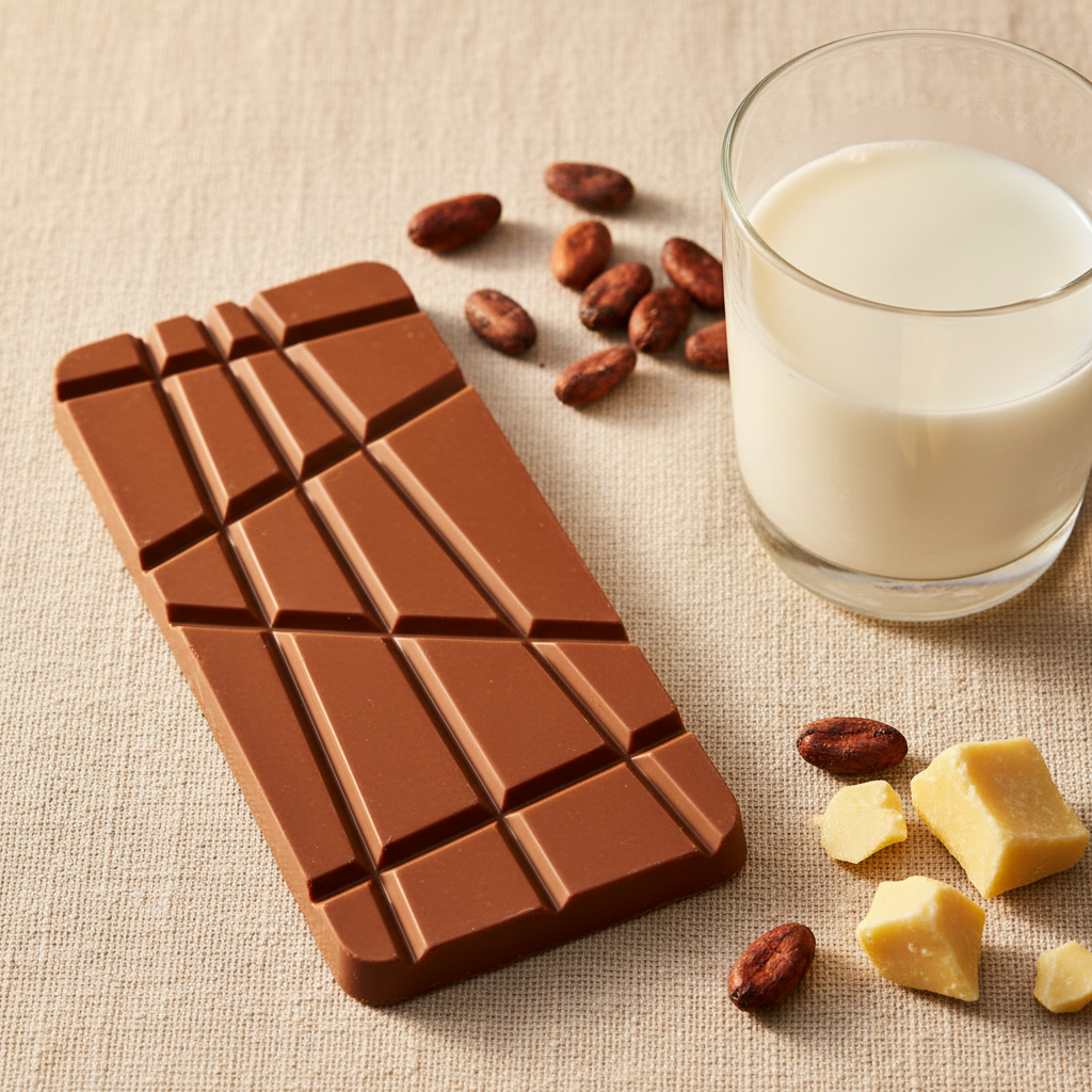 Nomé 43% Milk Chocolate bar with a glass of fresh milk, raw cacao beans, and cocoa butter on cream linen, smooth and creamy, single-origin Panama, gluten-free, bean-to-bar