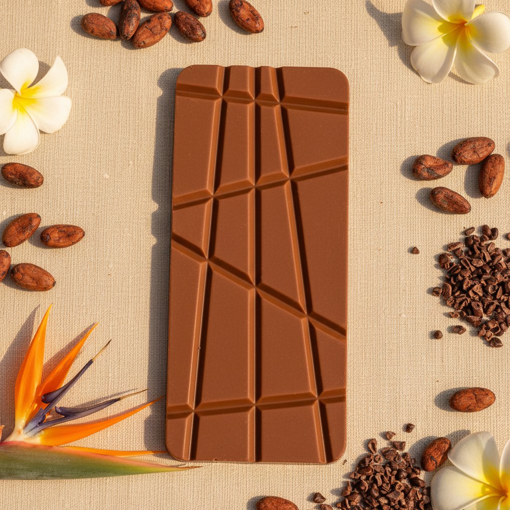 Nomé 43% Milk Chocolate bar on cream linen with raw cacao beans, cacao nibs, and tropical flowers, smooth and creamy, single-origin Panama, gluten-free