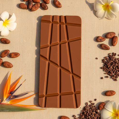 Nomé 43% Milk Chocolate bar on cream linen with raw cacao beans, cacao nibs, and tropical flowers, smooth and creamy, single-origin Panama, gluten-free