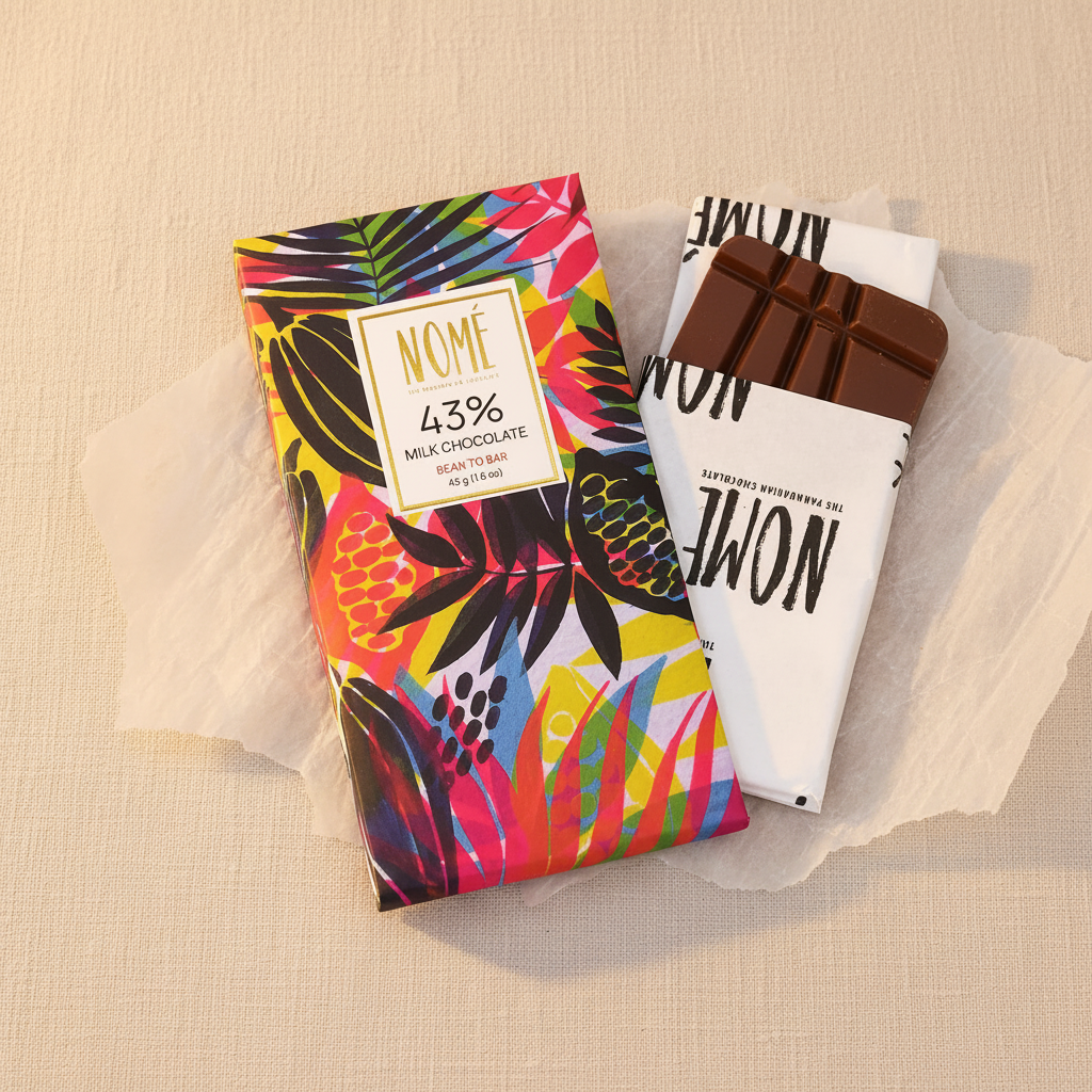 Nomé 43% Milk Chocolate bar packaging and partially unwrapped bar on warm cream linen with parchment paper, smooth warm milk chocolate, single-origin Panama, gluten-free, bean-to-bar