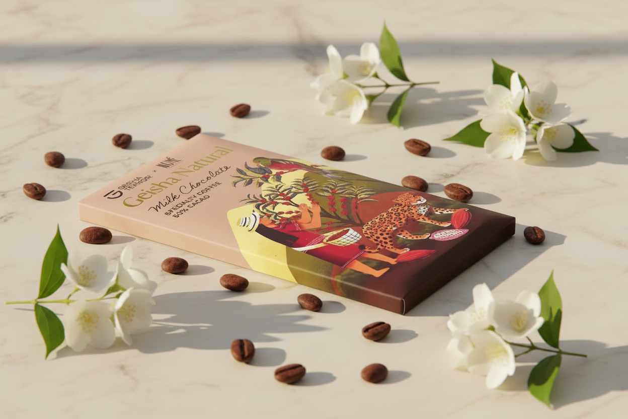 Nomé 50% Geisha Natural Milk Chocolate bar on light surface with roasted Geisha coffee beans and pink flowers, Geisha Terroir x Nomé collaboration