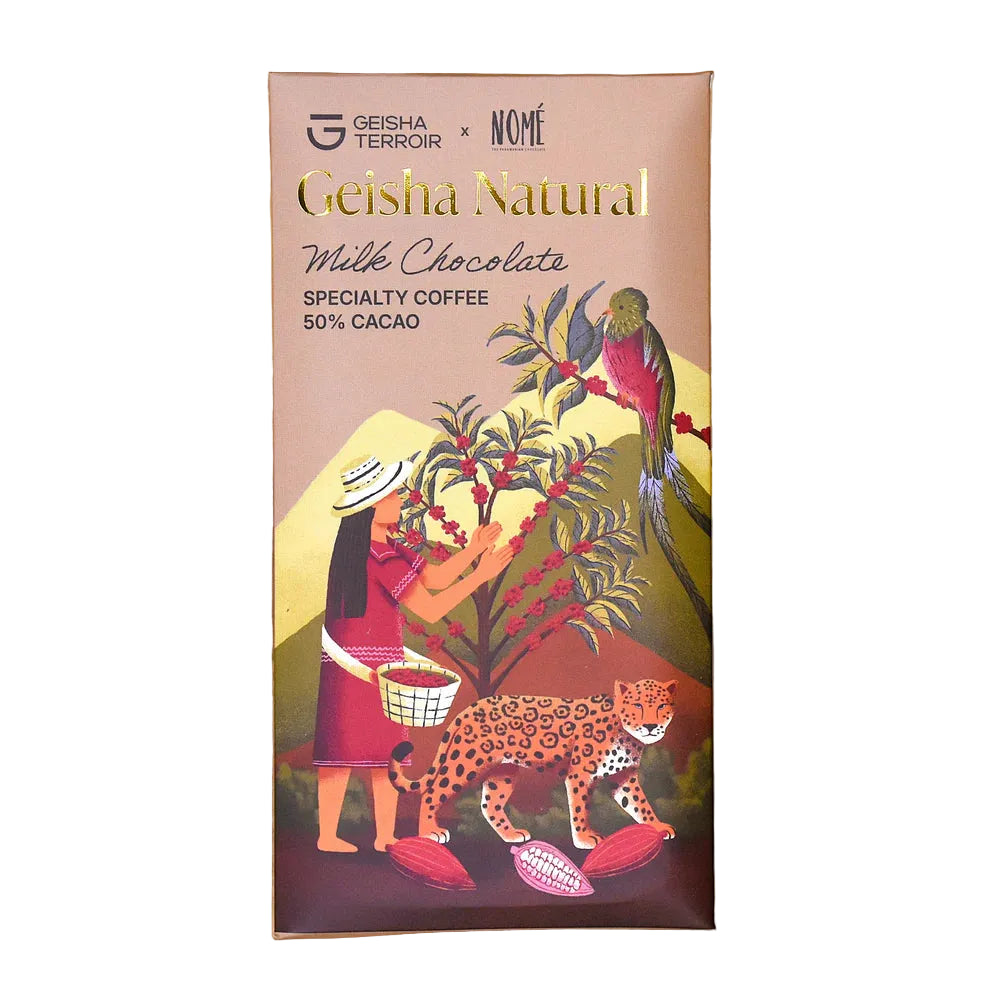 Geisha Terroir x Nomé 50% Geisha Natural Milk Chocolate bar packaging front on white background, blush rose-gold with coffee picker and jaguar illustration, 45g