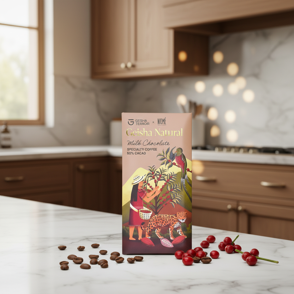 Geisha Terroir x Nomé 50% Geisha Natural Milk Chocolate bar on white marble with roasted Geisha coffee beans and fresh coffee cherries, specialty coffee milk chocolate, single-origin Panama, 45g