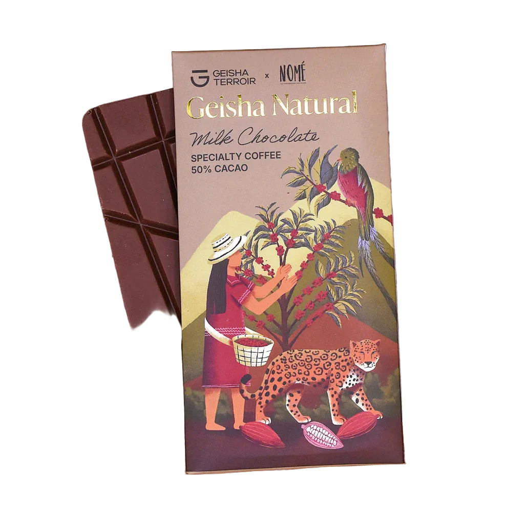 Nomé 50% Geisha Natural Milk Chocolate bar with open packaging on white surface, Geisha Terroir collaboration, specialty coffee milk chocolate