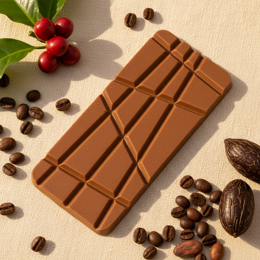 Nomé 50% Geisha Natural Milk Chocolate bar on cream linen with roasted Geisha coffee beans and fresh red coffee cherries, smooth and complex, single-origin Panama