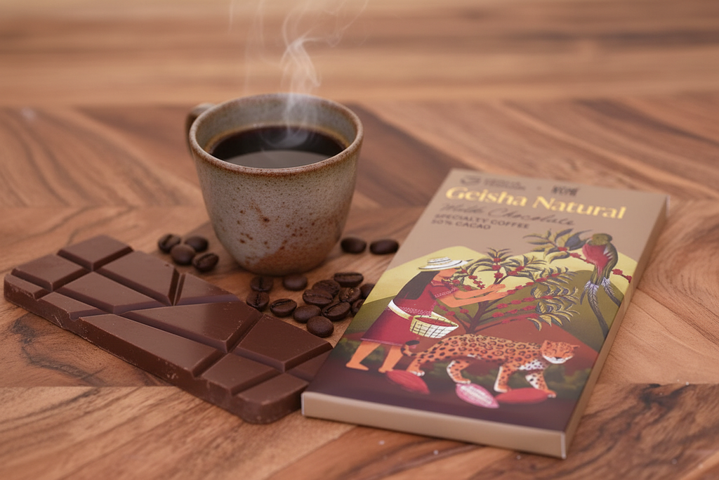 Nomé 50% Geisha Natural Milk Chocolate bar propped upright with roasted Geisha coffee beans, specialty coffee milk chocolate, single-origin Panama