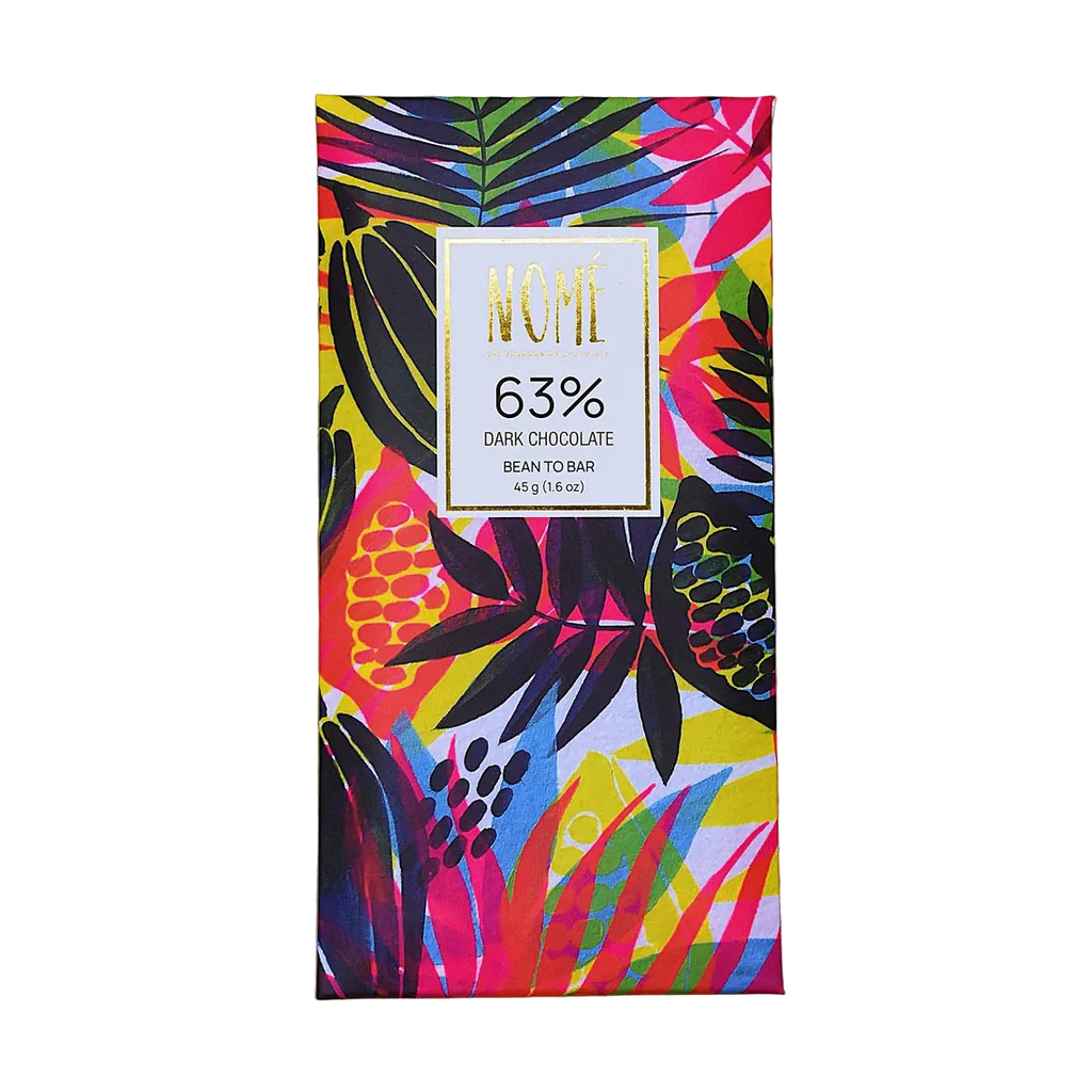 Nomé 63% Dark Chocolate bar packaging with vibrant tropical botanical print in pink, yellow, and green on white background, gold NOMÉ label, single-origin Panama, vegan, 45g