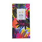 Nomé 63% Dark Chocolate bar packaging with vibrant tropical botanical print in pink, yellow, and green on white background, gold NOMÉ label, single-origin Panama, vegan, 45g