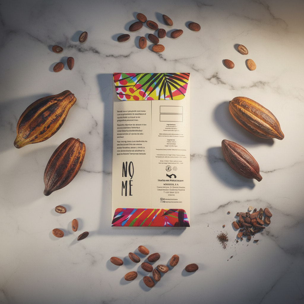 Back label of Nomé 63% Dark Chocolate bar with ingredients and tasting notes on marble background with cacao pods, single-origin Panama, vegan
