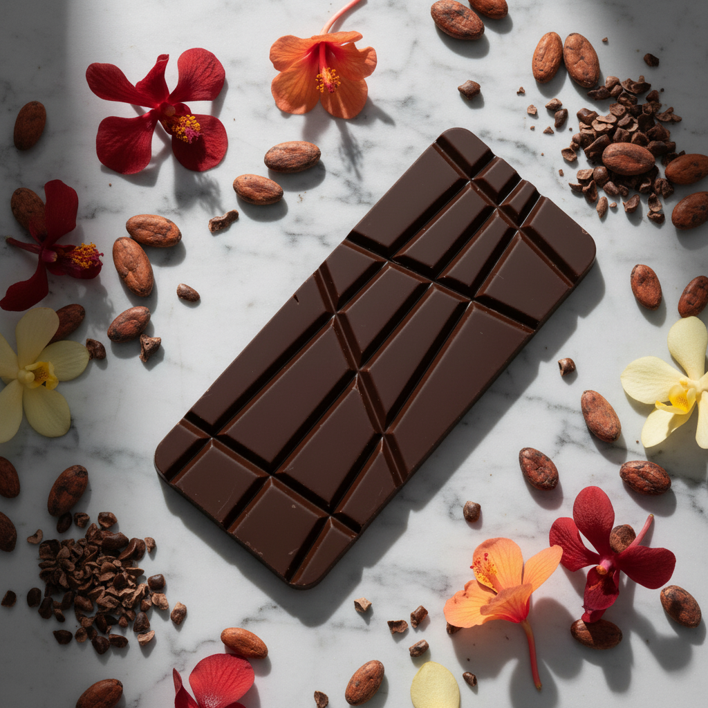 Nomé 63% Dark Chocolate bar on white marble with raw cacao beans, cacao nibs, and tropical flowers, single-origin Panama, vegan dairy-free