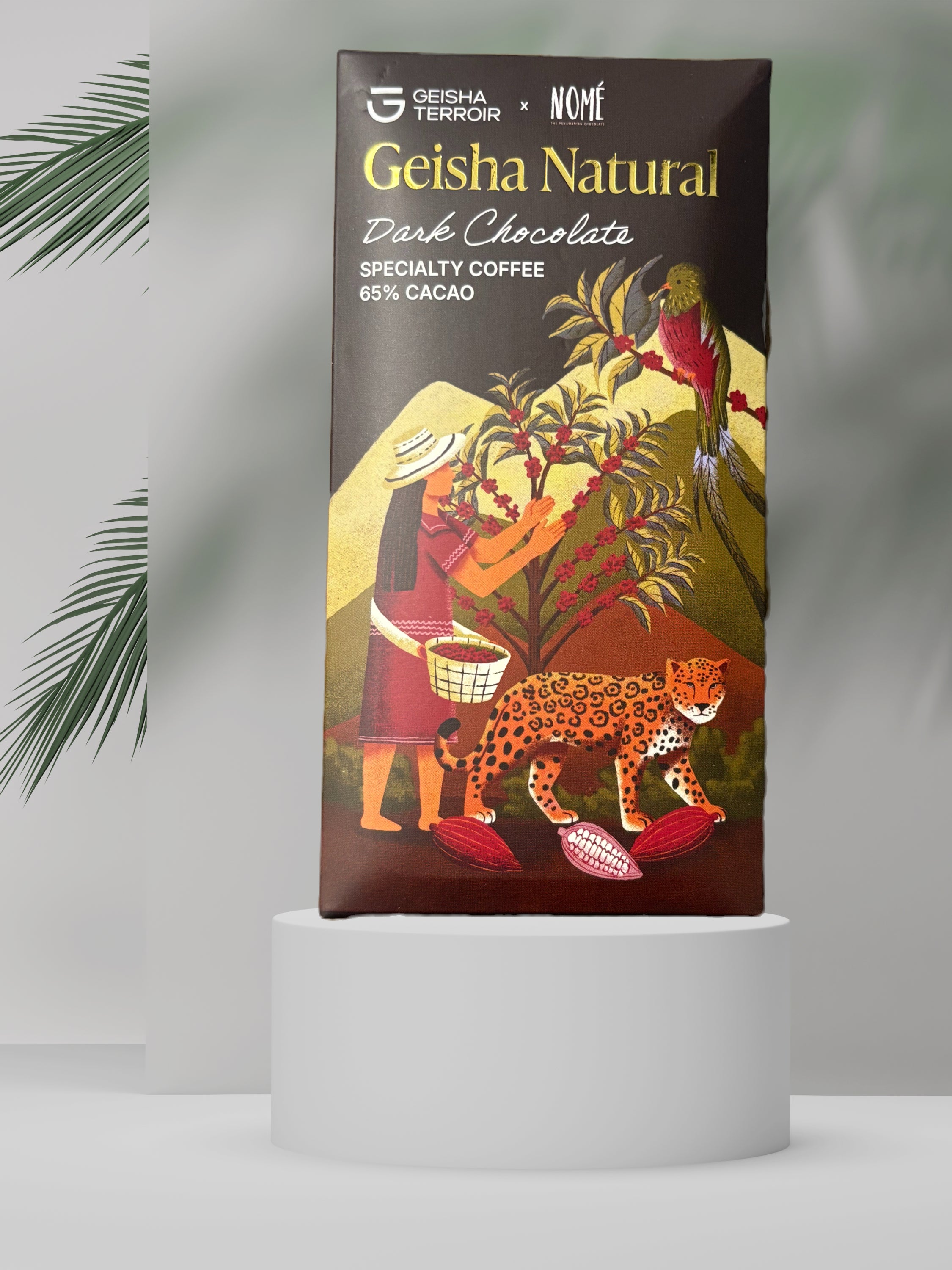 Geisha Terroir x Nomé 65% Geisha Natural Dark Chocolate bar packaging with dark brown background and illustrated coffee picker, jaguar, and quetzal bird, single-origin Panama, 45g