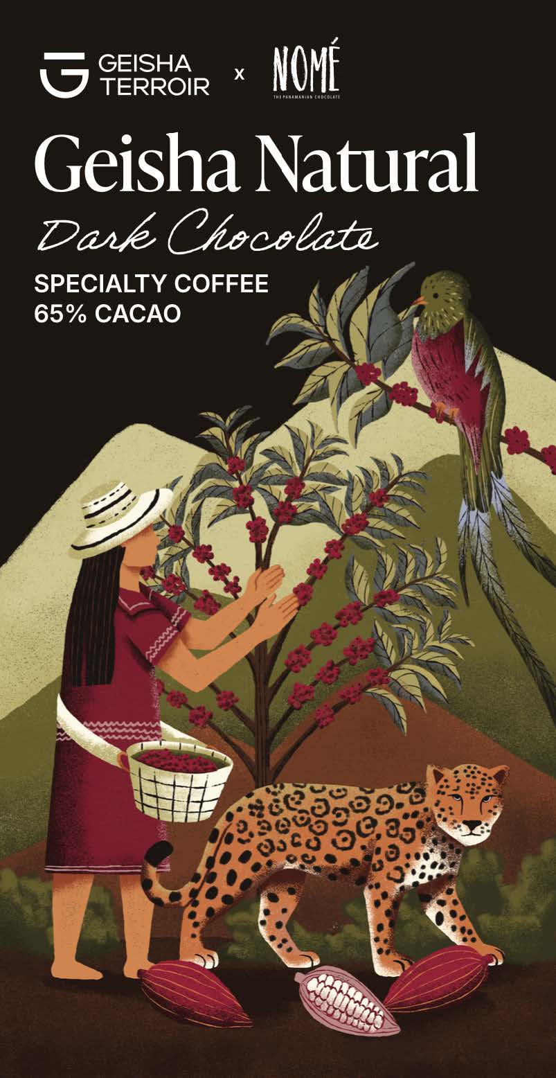 Geisha Terroir x Nomé 65% Geisha Natural Dark Chocolate tall bar packaging with coffee picker, jaguar, and quetzal bird illustration, specialty Geisha coffee and 65% Panamanian cacao