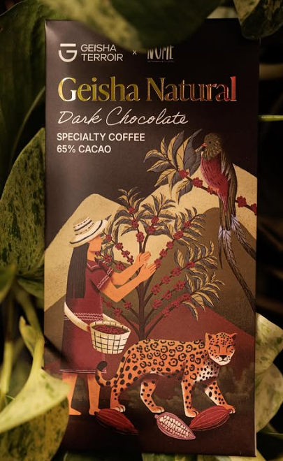 Nomé 65% Geisha Natural Dark Chocolate bar packaging with illustrated coffee picker and jaguar on dark leafy background, Geisha Terroir collaboration