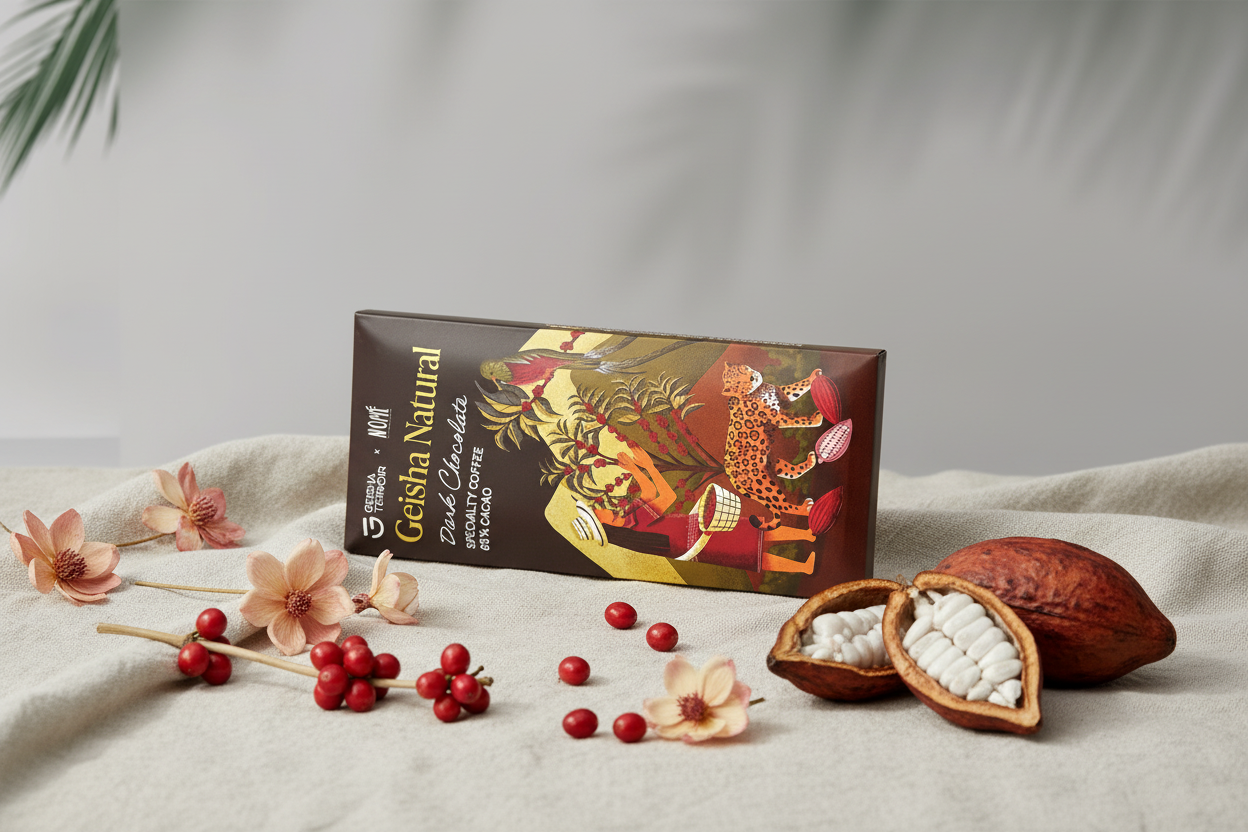 Nomé 65% Geisha Natural Dark Chocolate bar on light surface with coffee beans and pink flowers, Geisha Terroir x Nomé collaboration, specialty coffee chocolate