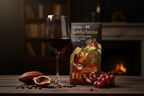 Nomé 65% Geisha Natural Dark Chocolate bar with a glass of red wine and cacao beans on wooden table, pairs beautifully with Pinot Noir, single-origin Panama