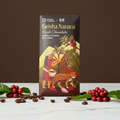 Geisha Terroir x Nomé 65% Geisha Natural Dark Chocolate bar on white marble with roasted Geisha coffee beans and fresh coffee cherries, specialty coffee and single-origin Panama cacao, dairy-free, 45g