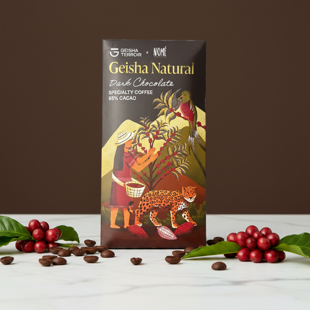 Geisha Terroir x Nomé 65% Geisha Natural Dark Chocolate bar on white marble with roasted Geisha coffee beans and fresh coffee cherries, specialty coffee and single-origin Panama cacao, dairy-free, 45g