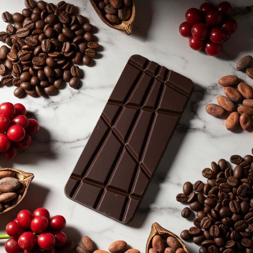 Nomé 65% Geisha Natural Dark Chocolate bar on white marble with roasted Geisha coffee beans and fresh red coffee cherries, specialty coffee chocolate, single-origin Panama
