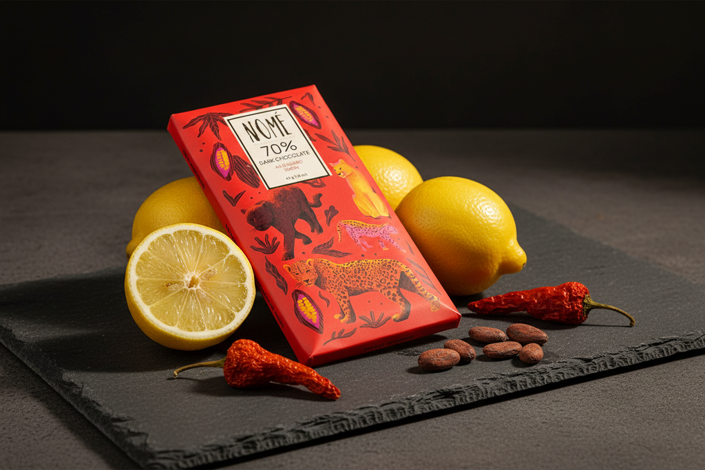 Nomé 70% Dark Chocolate Aji Chombo Limón bar on dark slate with fresh lemons and red chili peppers, fiery and zesty, single-origin Panama, vegan
