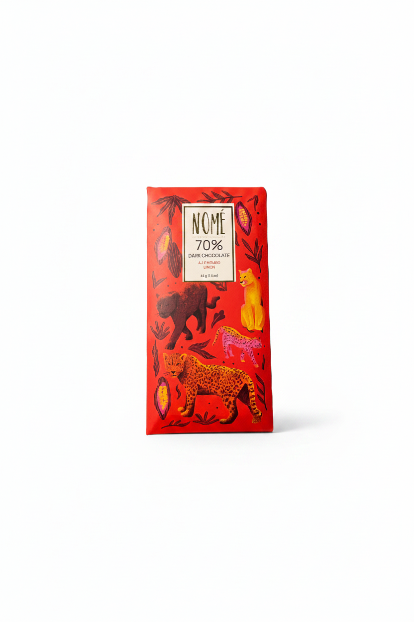 Nomé 70% Aji Chombo Limón Dark Chocolate bar packaging front on white background, NOMÉ label with red big cat tropical illustration, single-origin Panama, 45g