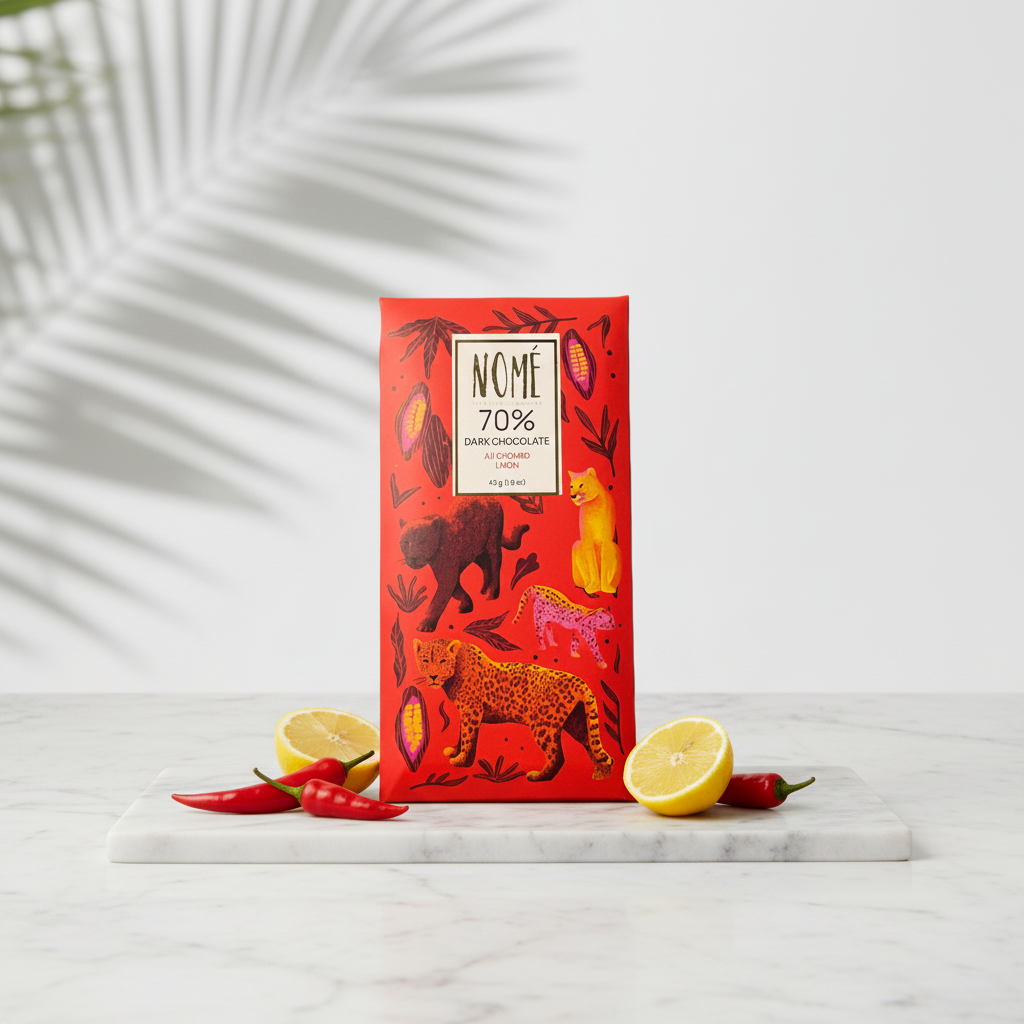 Nomé 70% Dark Chocolate Aji Chombo Limón bar with vivid red big cat packaging on white marble with fresh red chili peppers and lemon slices, single-origin Panama, vegan, 45g