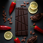 Nomé 70% Dark Chocolate Aji Chombo Limón bar broken open on dark slate with fresh red chili peppers, lemon slices, and raw cacao beans, fiery and zesty, single-origin Panama