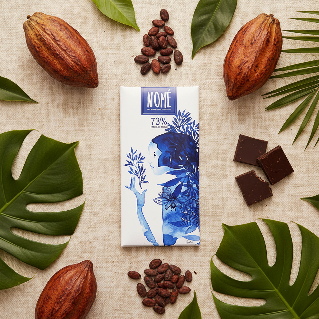 Nomé 73% Chocolate Oscuro bar packaging flat lay overhead on neutral surface with cacao beans and dark chocolate pieces, single-origin Panama, vegan dairy-free