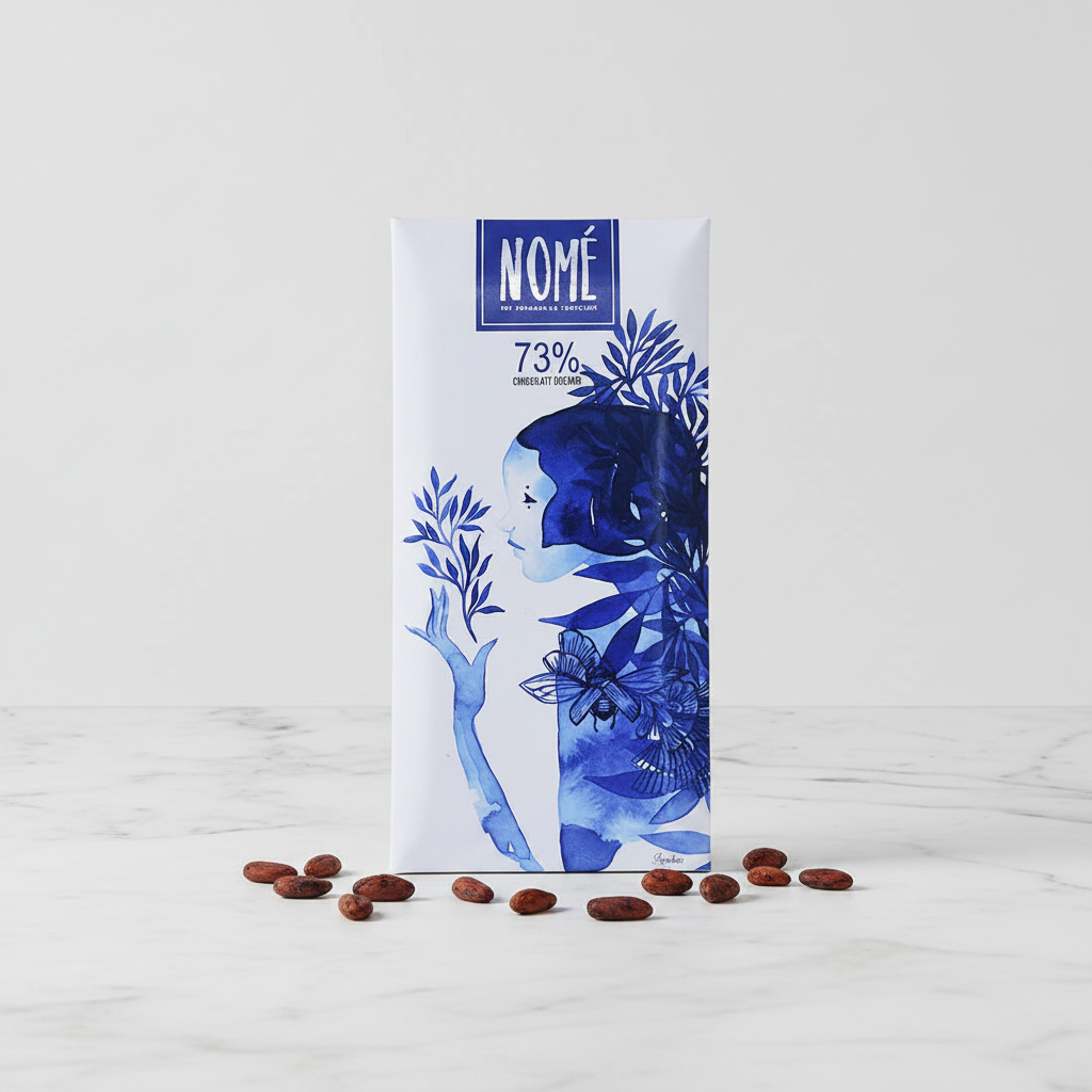 Nomé 73% Chocolate Oscuro bar with white packaging and deep blue botanical watercolor illustration on white marble, single-origin Panama, vegan dairy-free, 45g