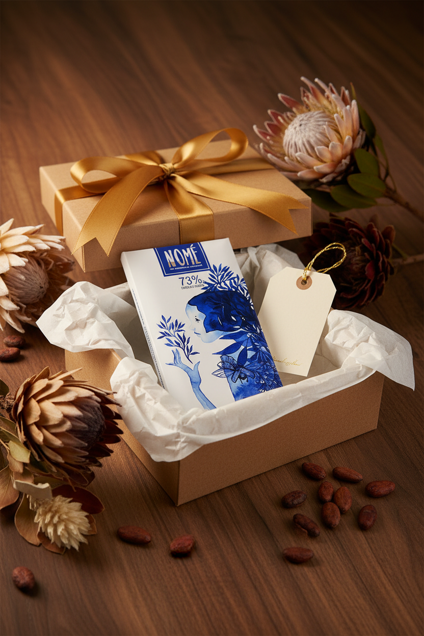 Nomé 73% Chocolate Oscuro bar styled as a gift with ribbon and wrapping, single-origin Panama, premium craft chocolate, vegan dairy-free
