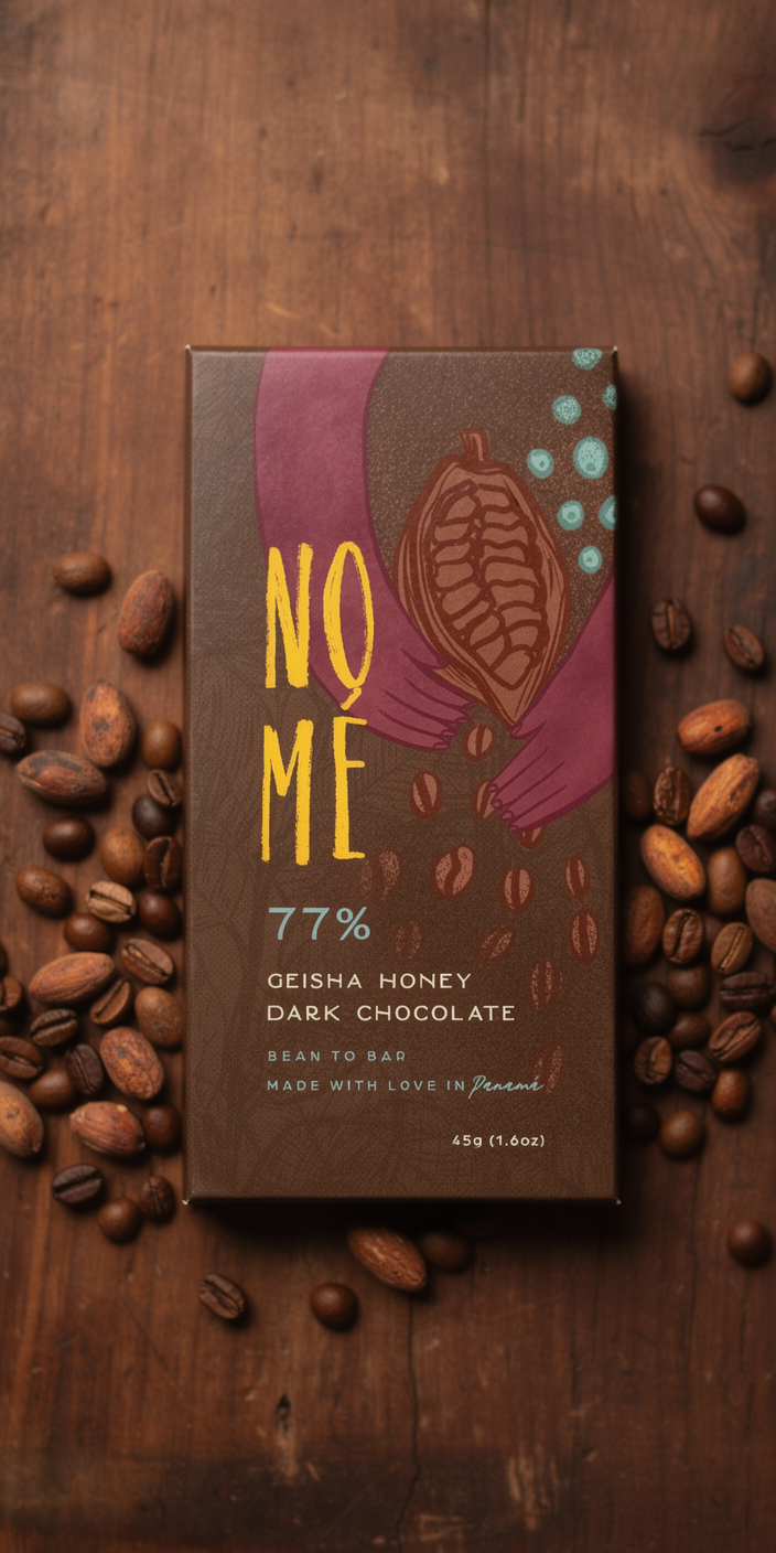 NOME 77% Geisha Honey Dark Chocolate bar surrounded by coffee beans on a wooden surface