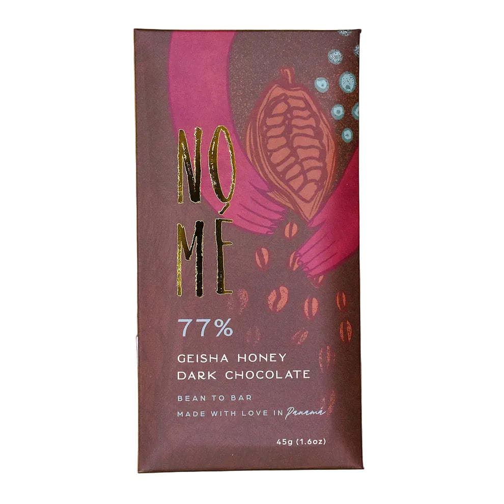 Nome 77% Geisha Honey Dark Chocolate bar packaging on a white background.