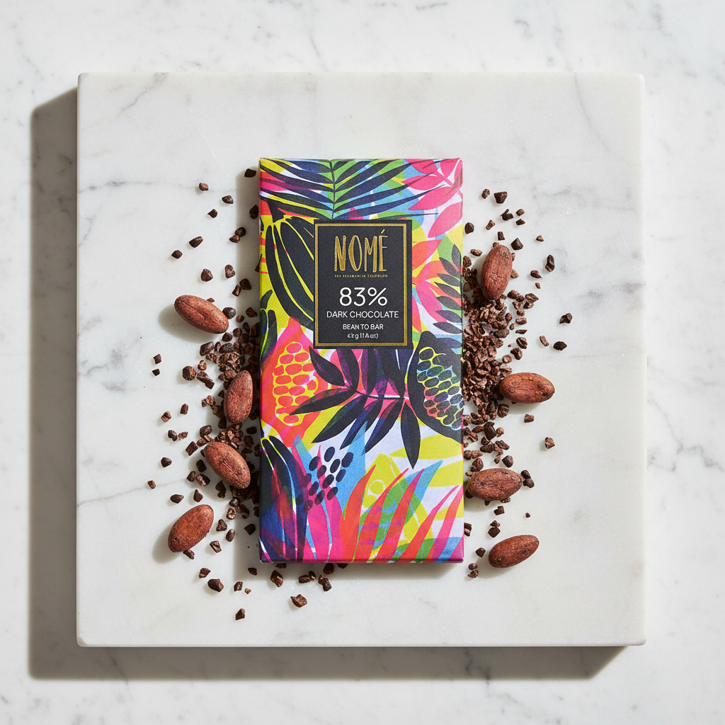 Nomé 83% Dark Chocolate bar with vivid tropical botanical print packaging on white marble with raw cacao beans and nibs, single-origin Panama, vegan dairy-free, 45g