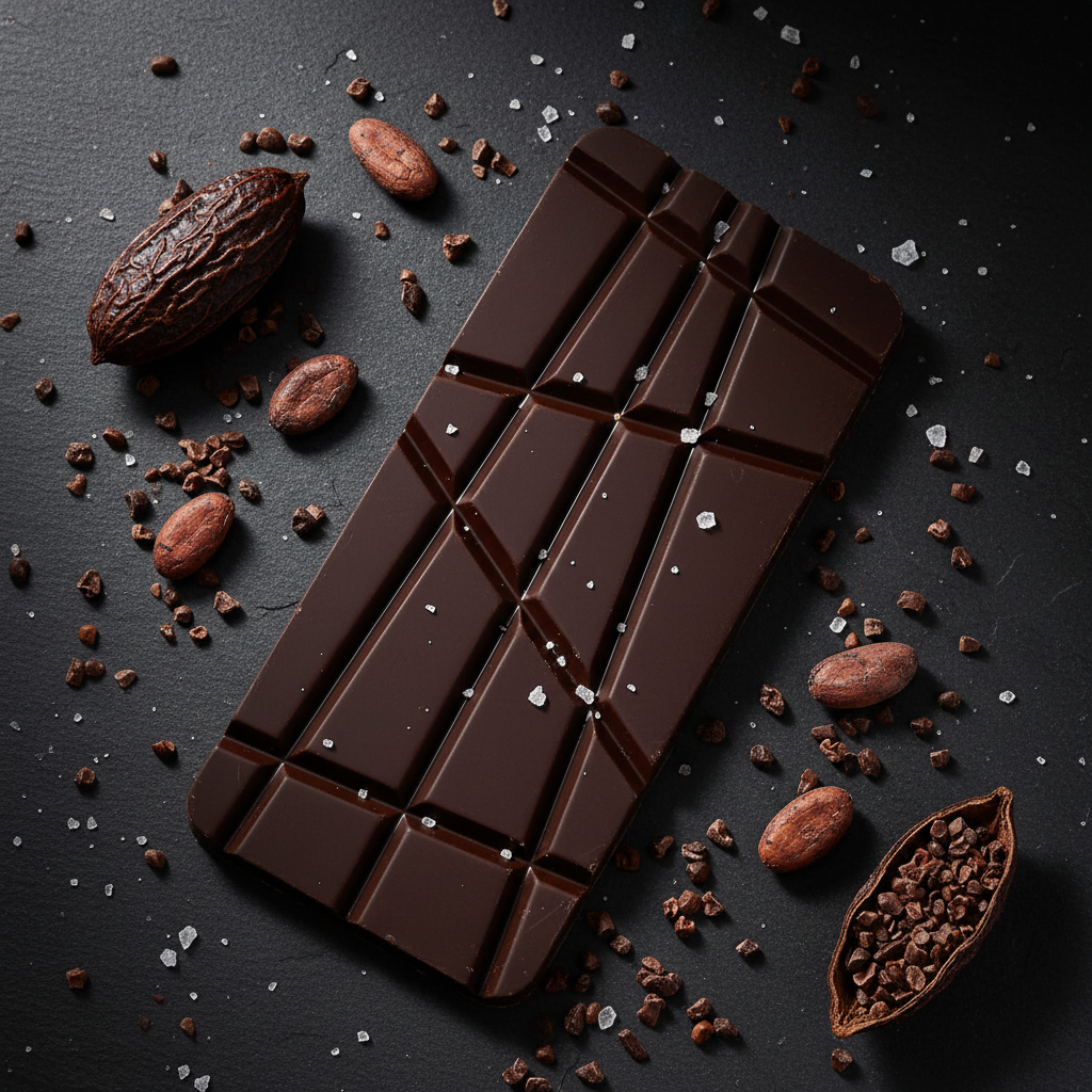 Nomé 93% Chocolate Oscuro dark chocolate bar on dark slate with sea salt flakes and raw cacao nibs, intense and complex, single-origin Panama, vegan