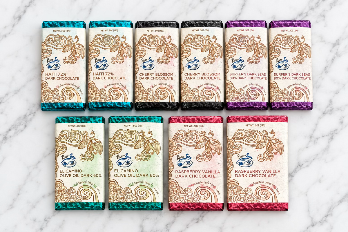 Mini Bars available from River Sea Chocolates including: Haiti, Cherry Blossom, Surfer's Dark Seas El Camino, and Raspberry Vanilla Dark Chocolate.