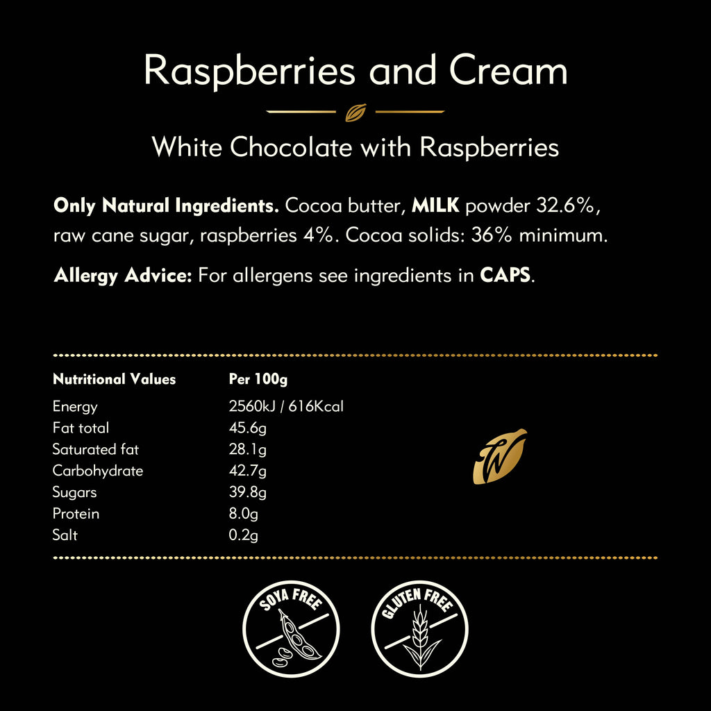 Product label for 'Raspberries and Cream' white chocolate with nutritional information on a black background.