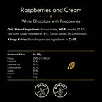 Product label for 'Raspberries and Cream' white chocolate with nutritional information on a black background.