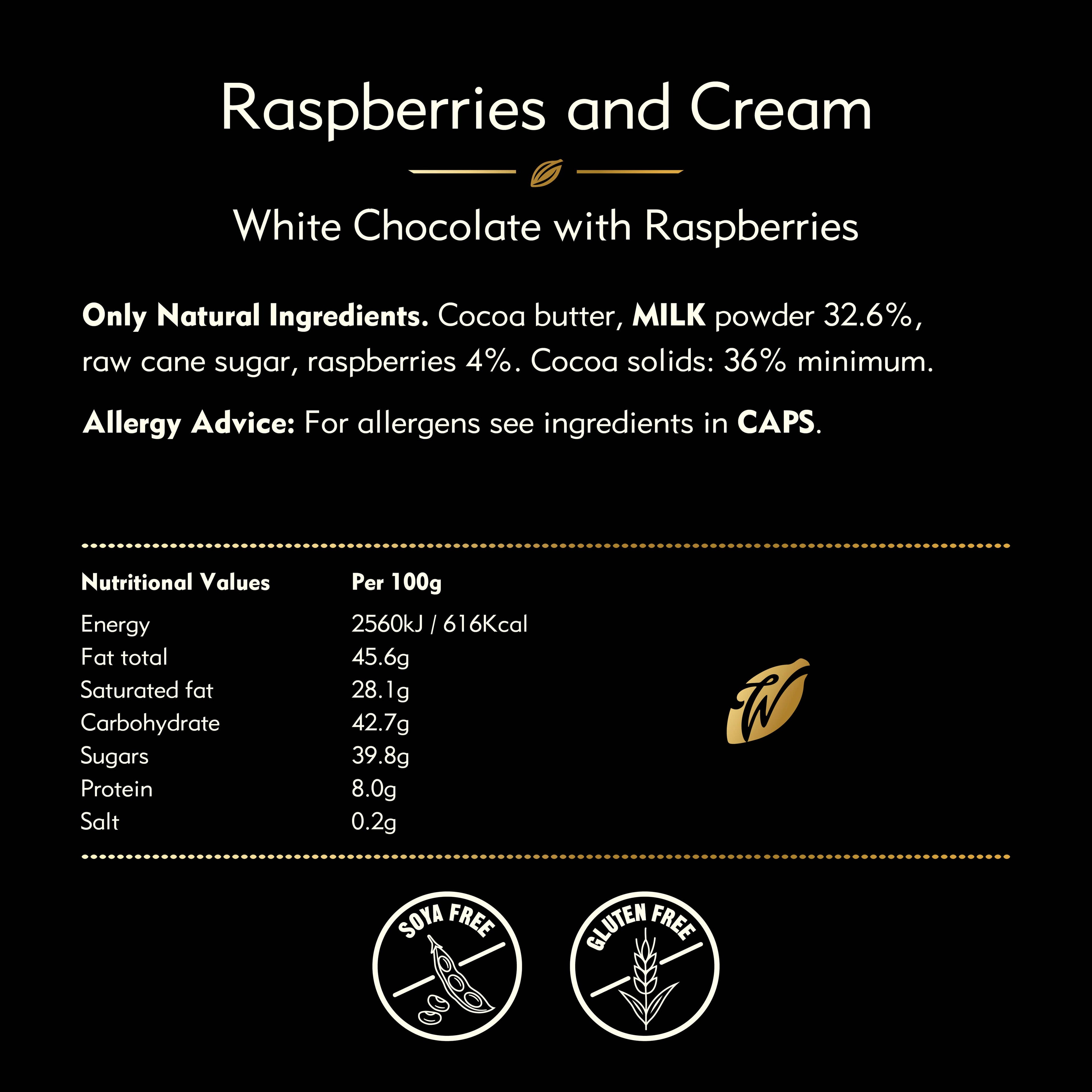 Product label for 'Raspberries and Cream' white chocolate with nutritional information on a black background.