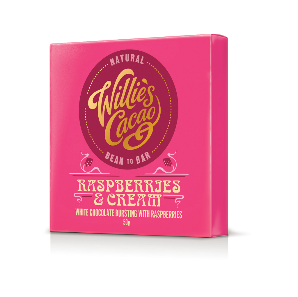 Pink packaging of Willie's Cacao Raspberries & Cream chocolate bar on a white background