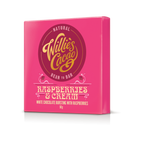 Pink packaging of Willie's Cacao Raspberries & Cream chocolate bar on a white background